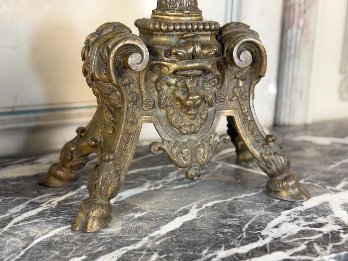 Pair of Louis XIV style andirons in bronze after a design by André-Charles Boulle.