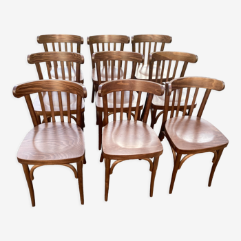 Set of 9 vintage varnished bistro chairs