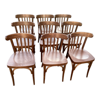 Set of 9 vintage varnished bistro chairs