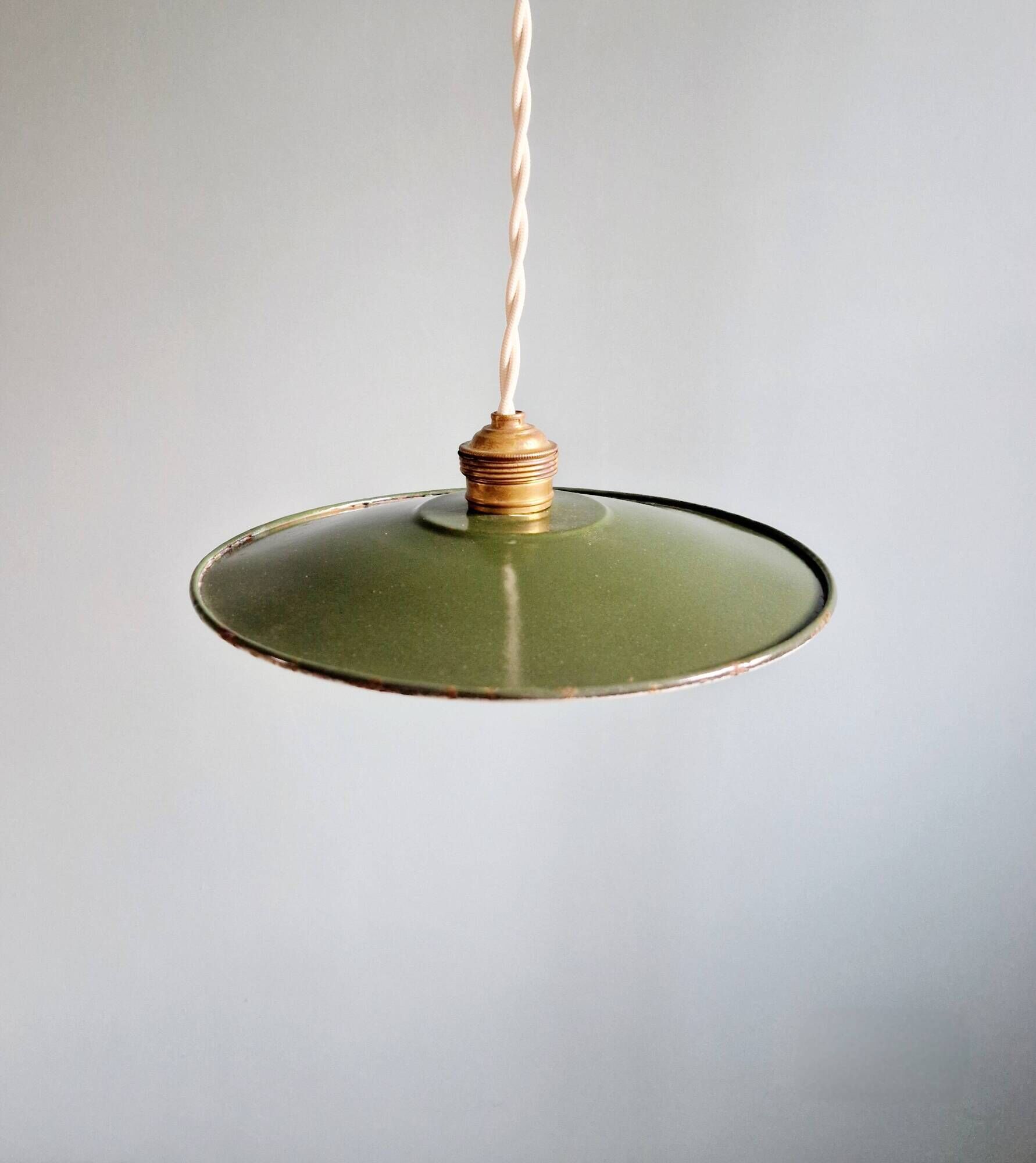 Pair of industrial pendant lights in green enamelled sheet metal