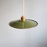 Pair of industrial pendant lights in green enamelled sheet metal