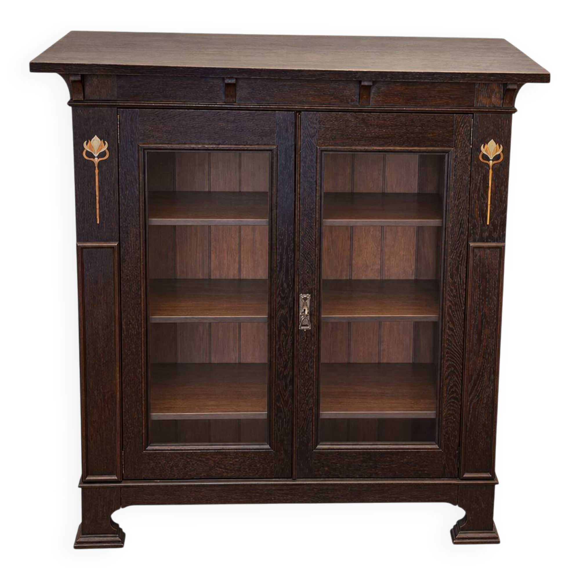Antique low display cabinet with two glass doors,