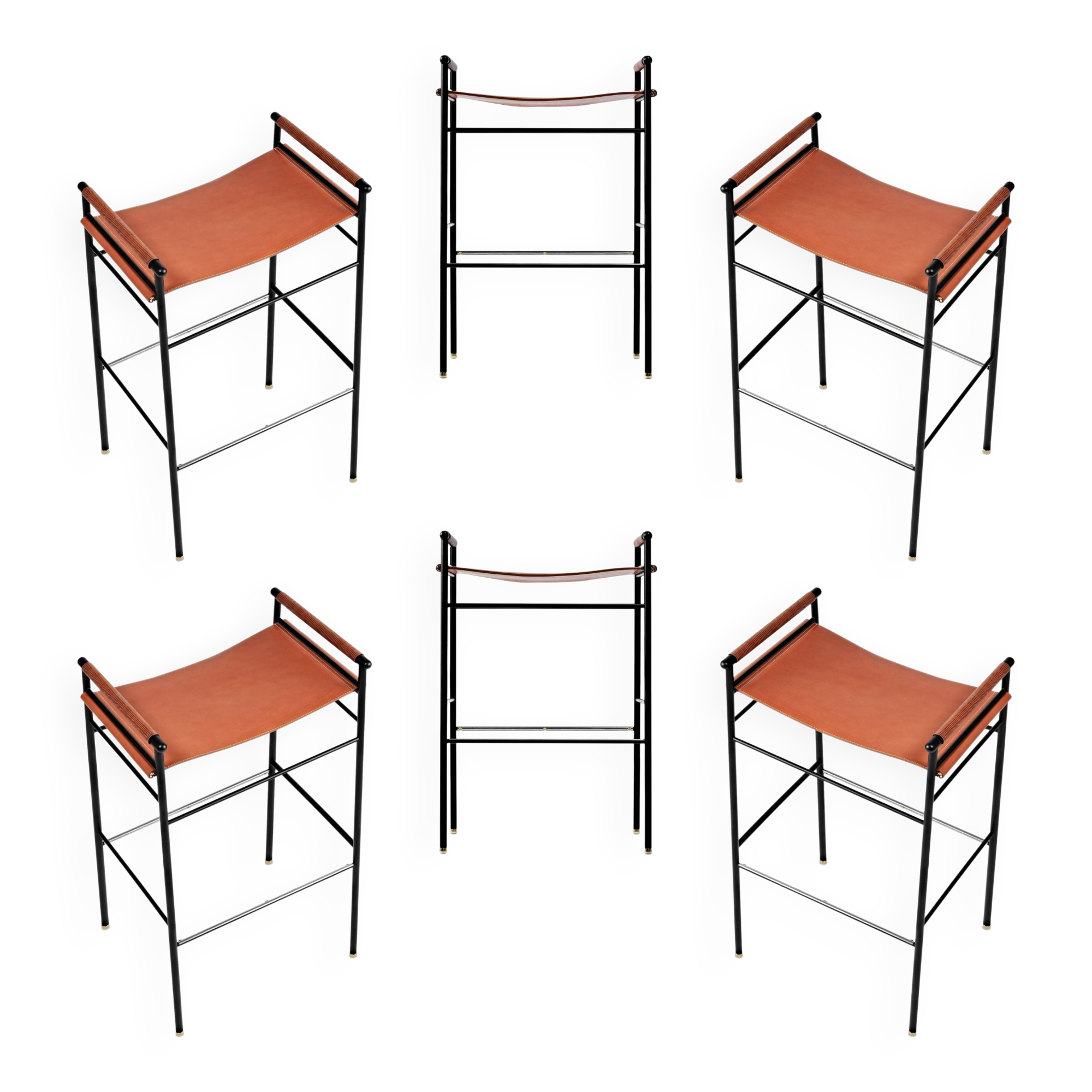 6 tabourets de bar contemporains en cuir tabac naturel