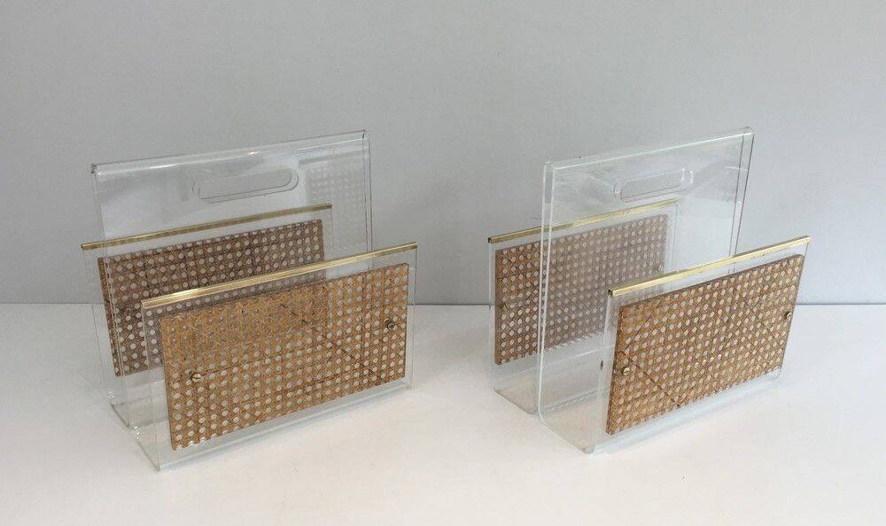 Pair of magazine racks in plexiglass, brass and inlaid caning in the style of Christian Dior and Gabriella Crespi