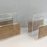 Pair of magazine racks in plexiglass, brass and inlaid caning in the style of Christian Dior and Gabriella Crespi