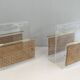 Pair of magazine racks in plexiglass, brass and inlaid caning in the style of Christian Dior and Gabriella Crespi
