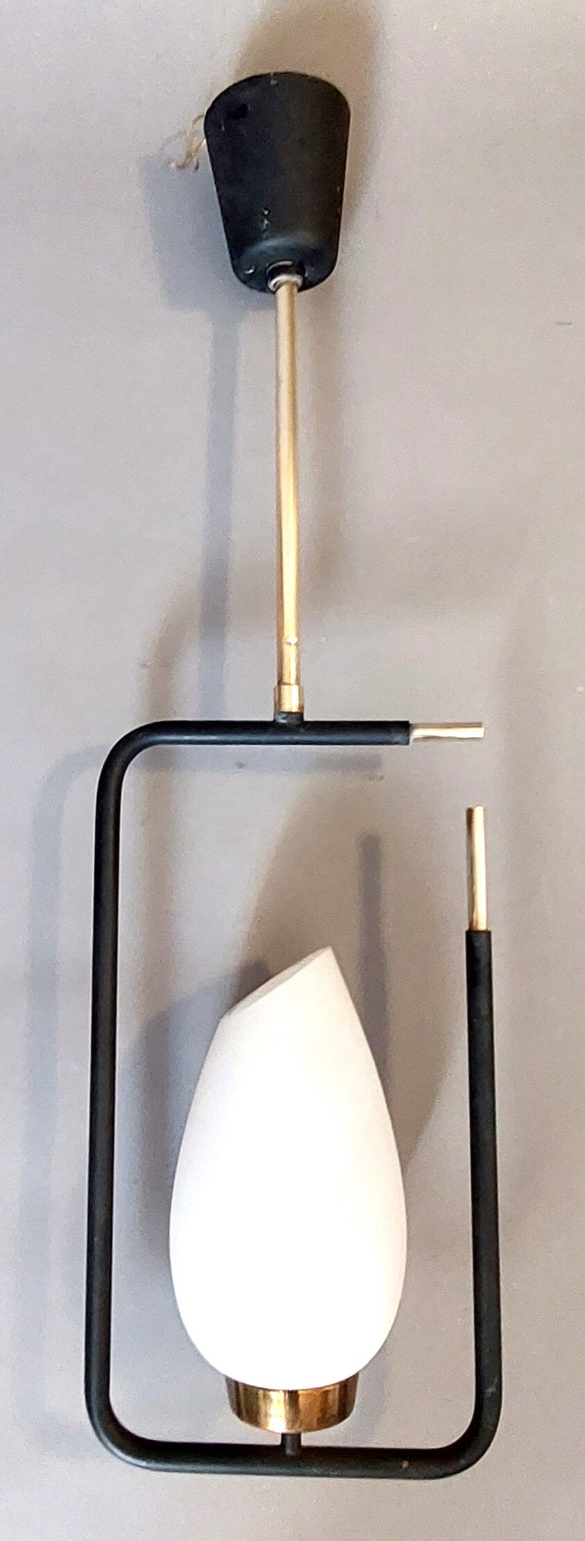 Maison Lunel pendant lamp in black metal, gilded brass and opaline 1960.