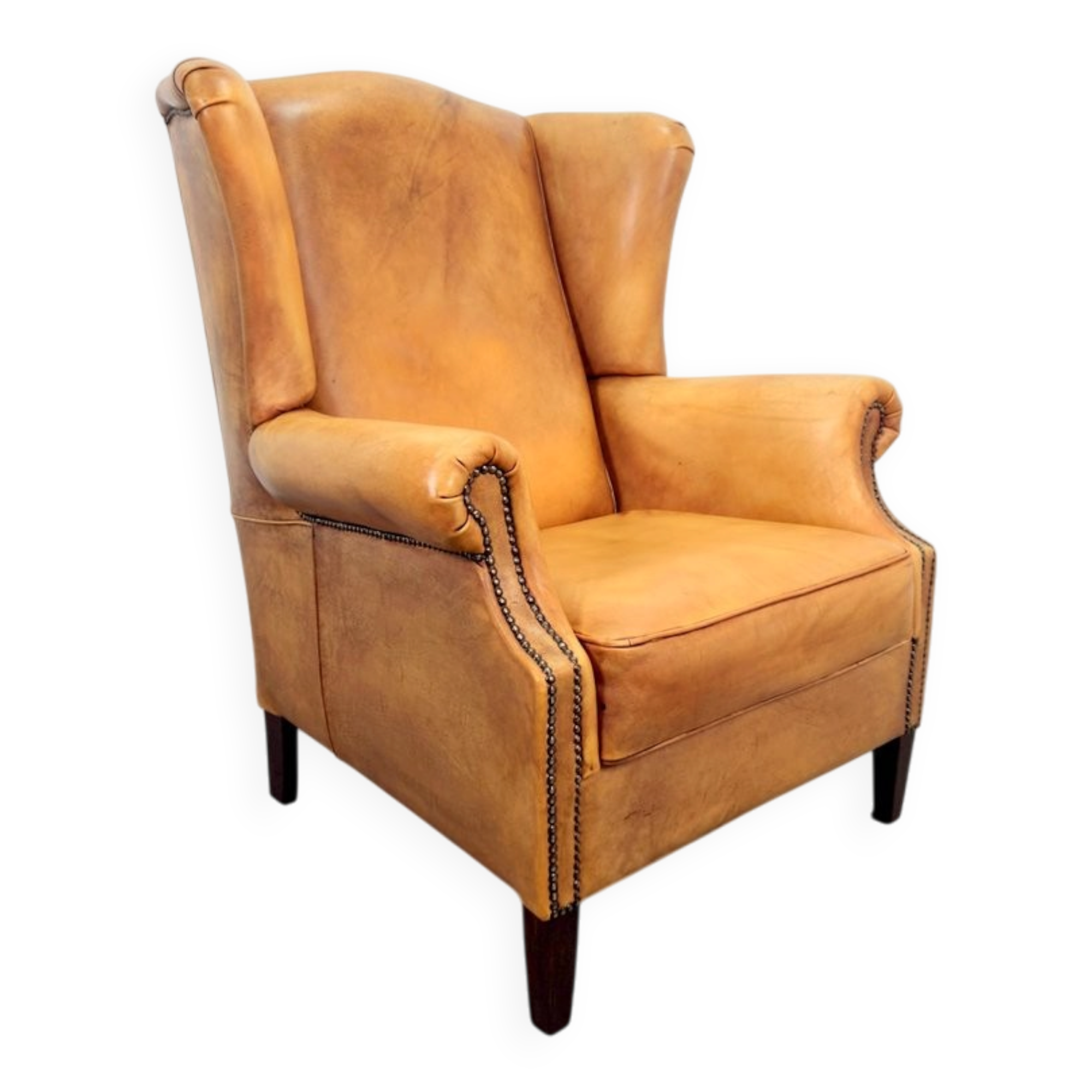 Vintage Sheepskin Leather Wing-Back Chair, 1970s