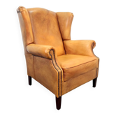 Fauteuil à oreilles en cuir de mouton vintage, années 1970