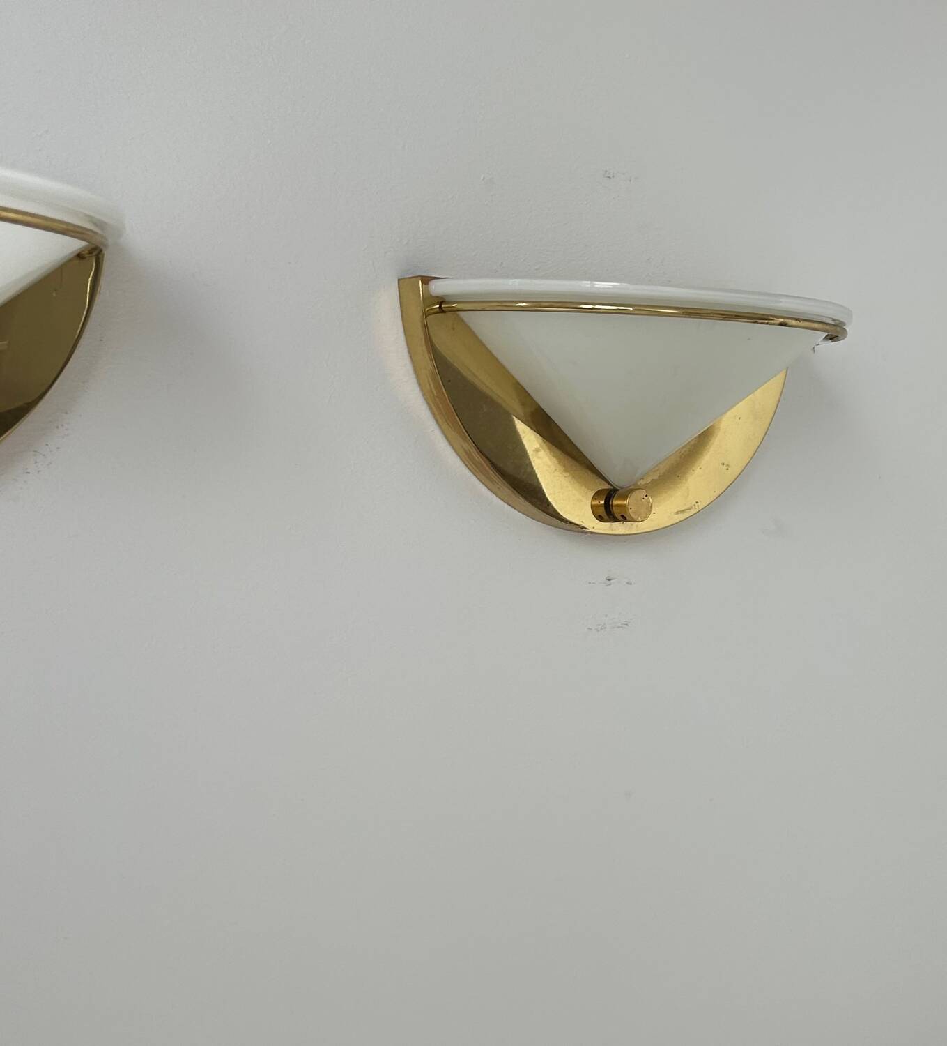 Pair of vintage wall lights, brass and opaline glass, Italy 1970