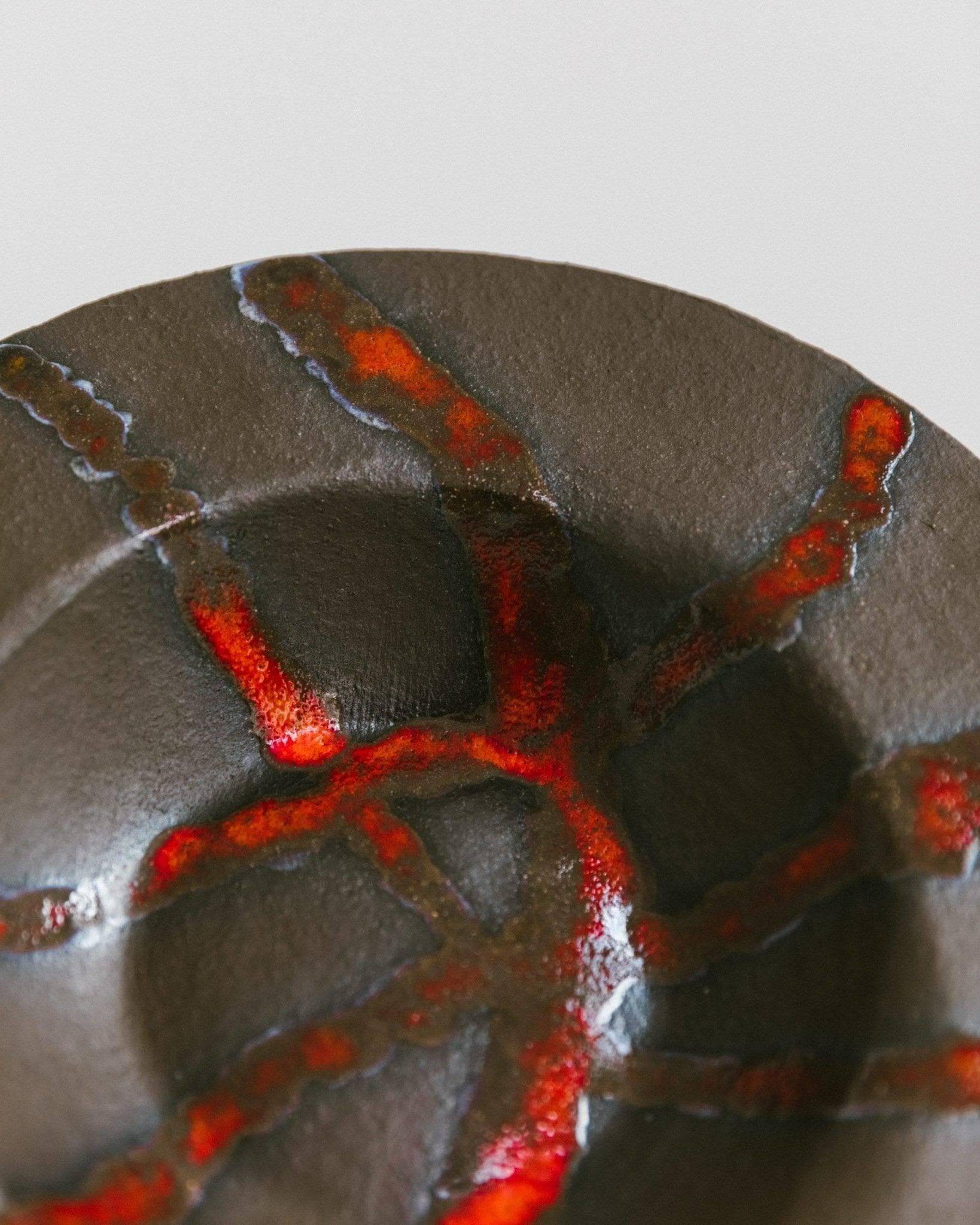 Brown Stoneware Bowl with Red Glaze Streaks, Partially Glazed-Vintage Italian Studio Ceramic, 1970s