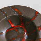 Brown Stoneware Bowl with Red Glaze Streaks, Partially Glazed-Vintage Italian Studio Ceramic, 1970s