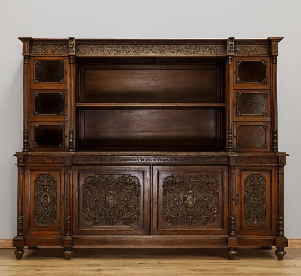 Renaissance-style sideboard, entirely made of walnut and richly carved.