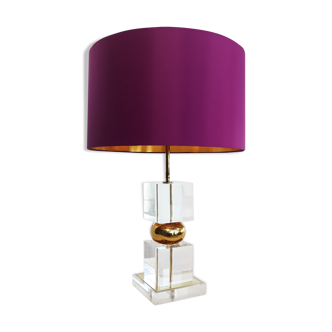 Midcentury Lucite et lampe de Table en laiton avec abat-jour personnalisé, années 1970