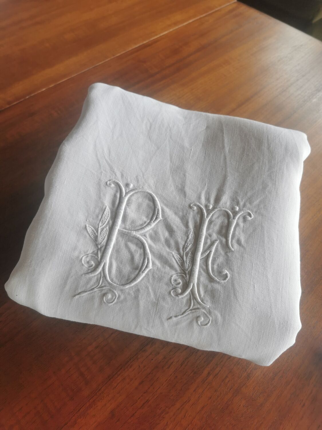 Old very large linen sheet monogrammed BF