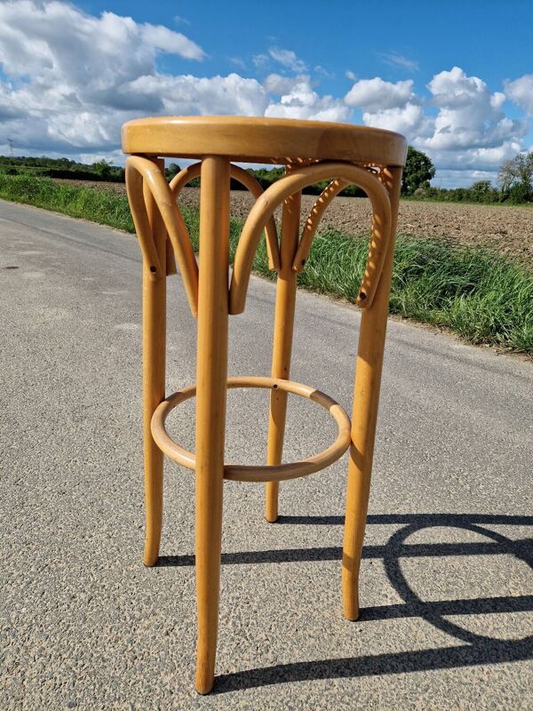Tabouret haut de bar en bois courbé et cannage