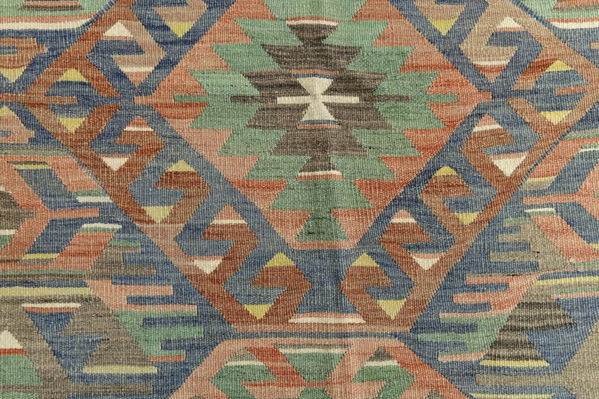 5x11 Green & Blue Tribal Turkish Vintage Kilim Rug 170x333Cm SK 35197