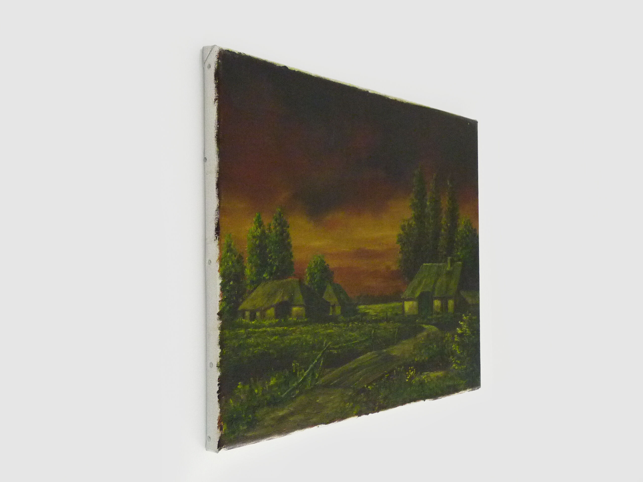 Oil on canvas village by Jan Van Dooren, sunset. Signed. Seventies