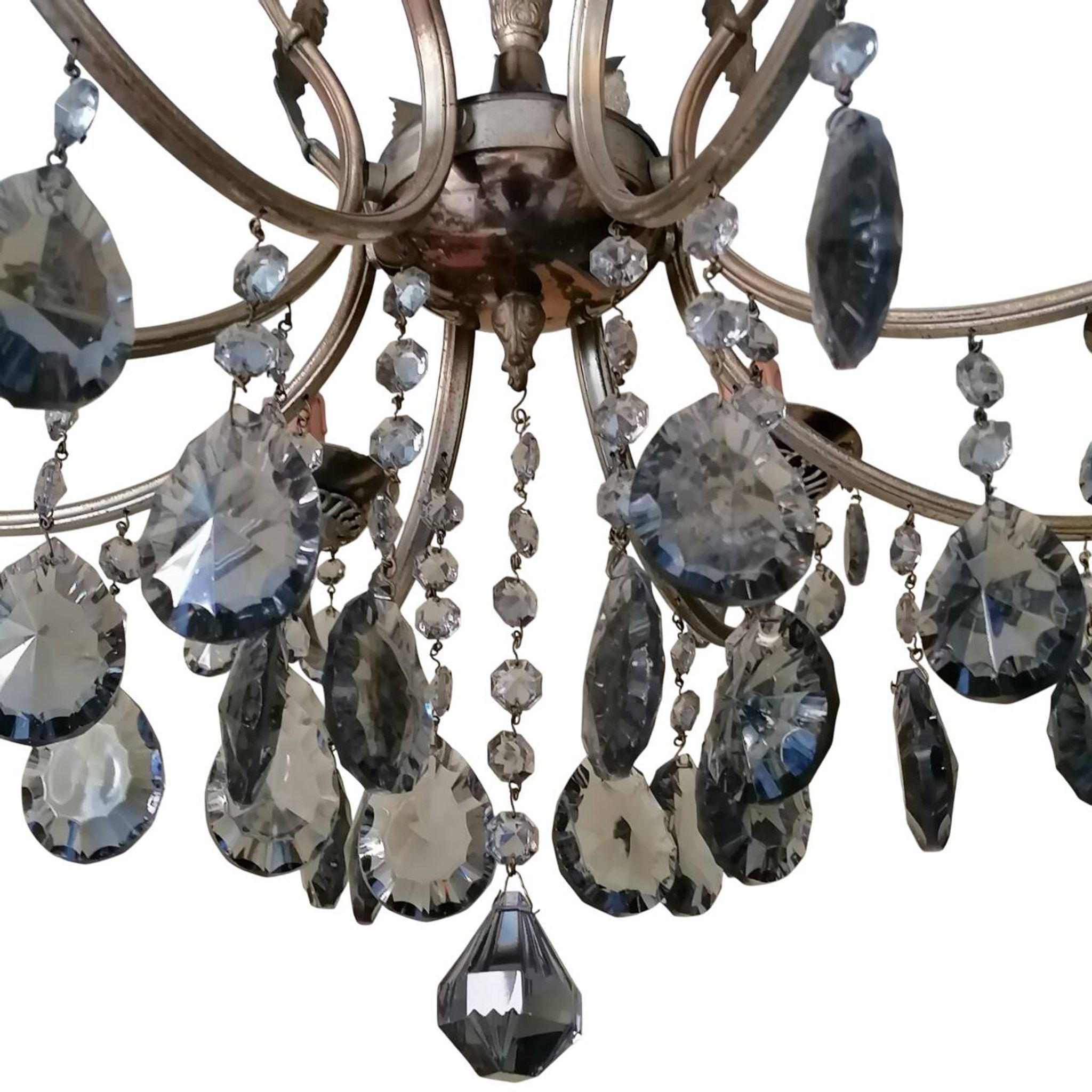 Lampadario a otto luci con pendenti in cristallo fumé, anni '50