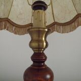 French Mid-Century Brass and Turned Wood Table Lamp with Hide Skin Shade