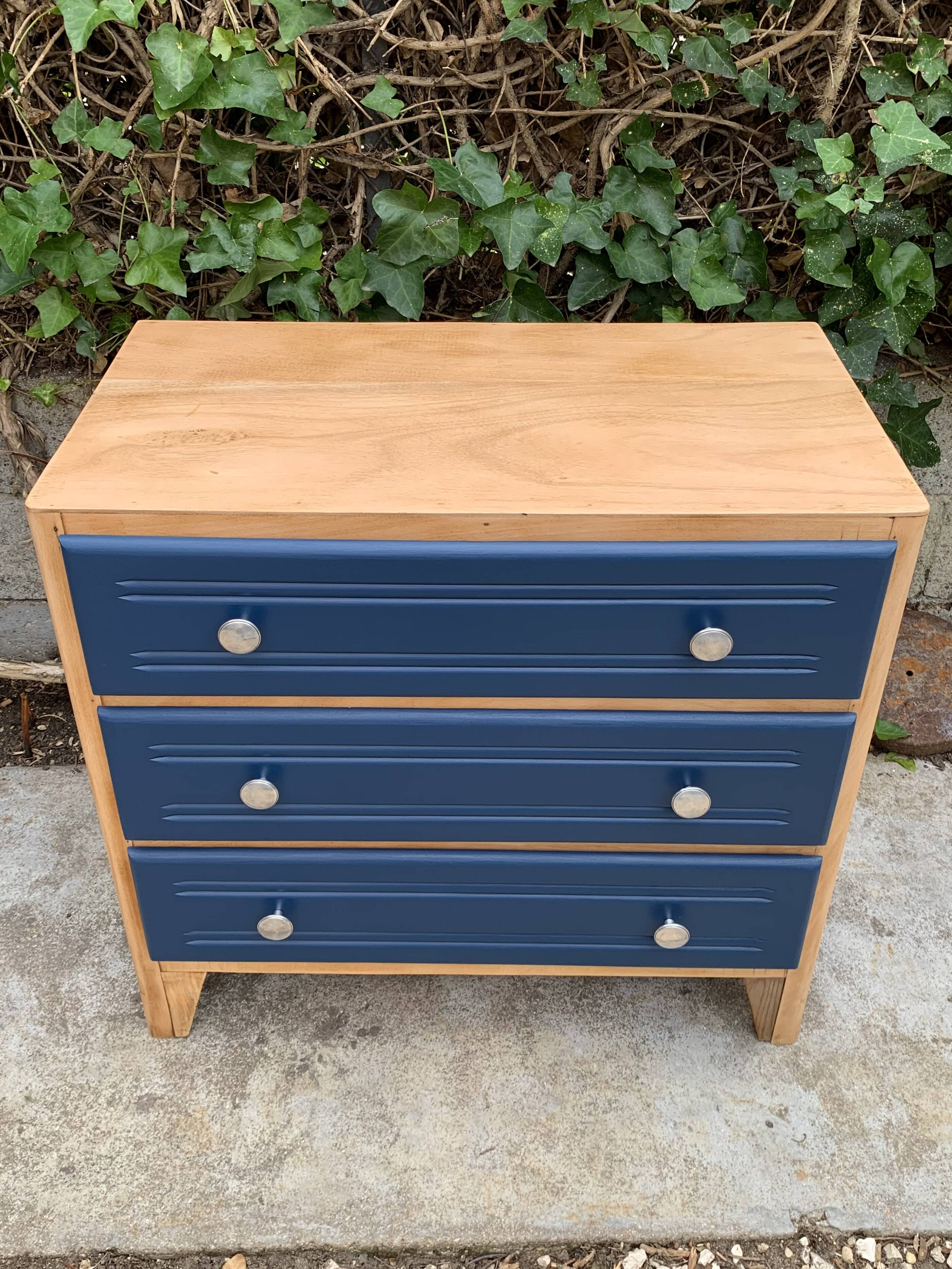 Art Deco chest of drawers in raw wood and blue, 1940