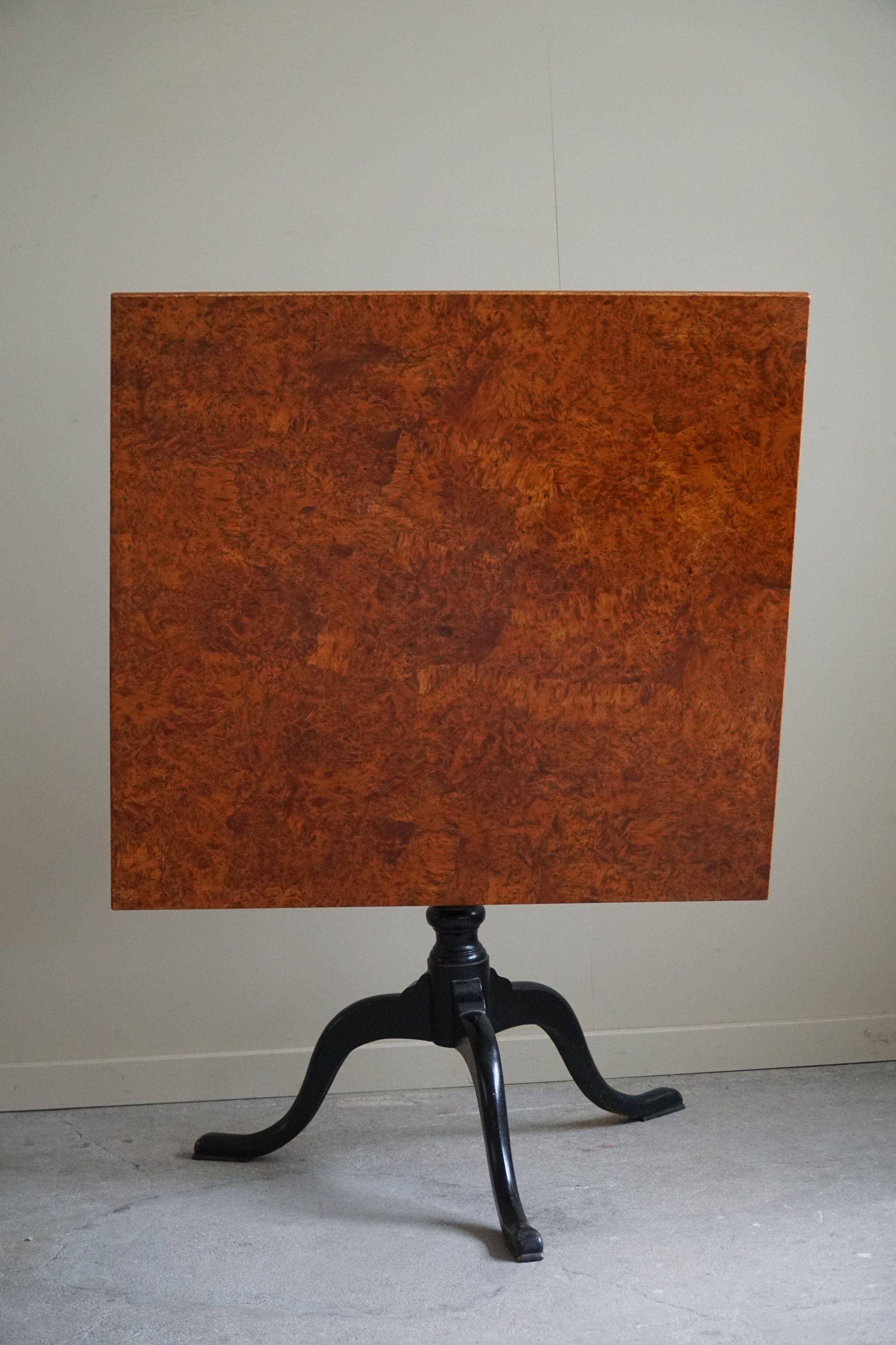 Antique handcrafted square table with drop leaves made of burl wood, Swedish, 19th century.