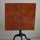 Antique handcrafted square table with drop leaves made of burl wood, Swedish, 19th century.