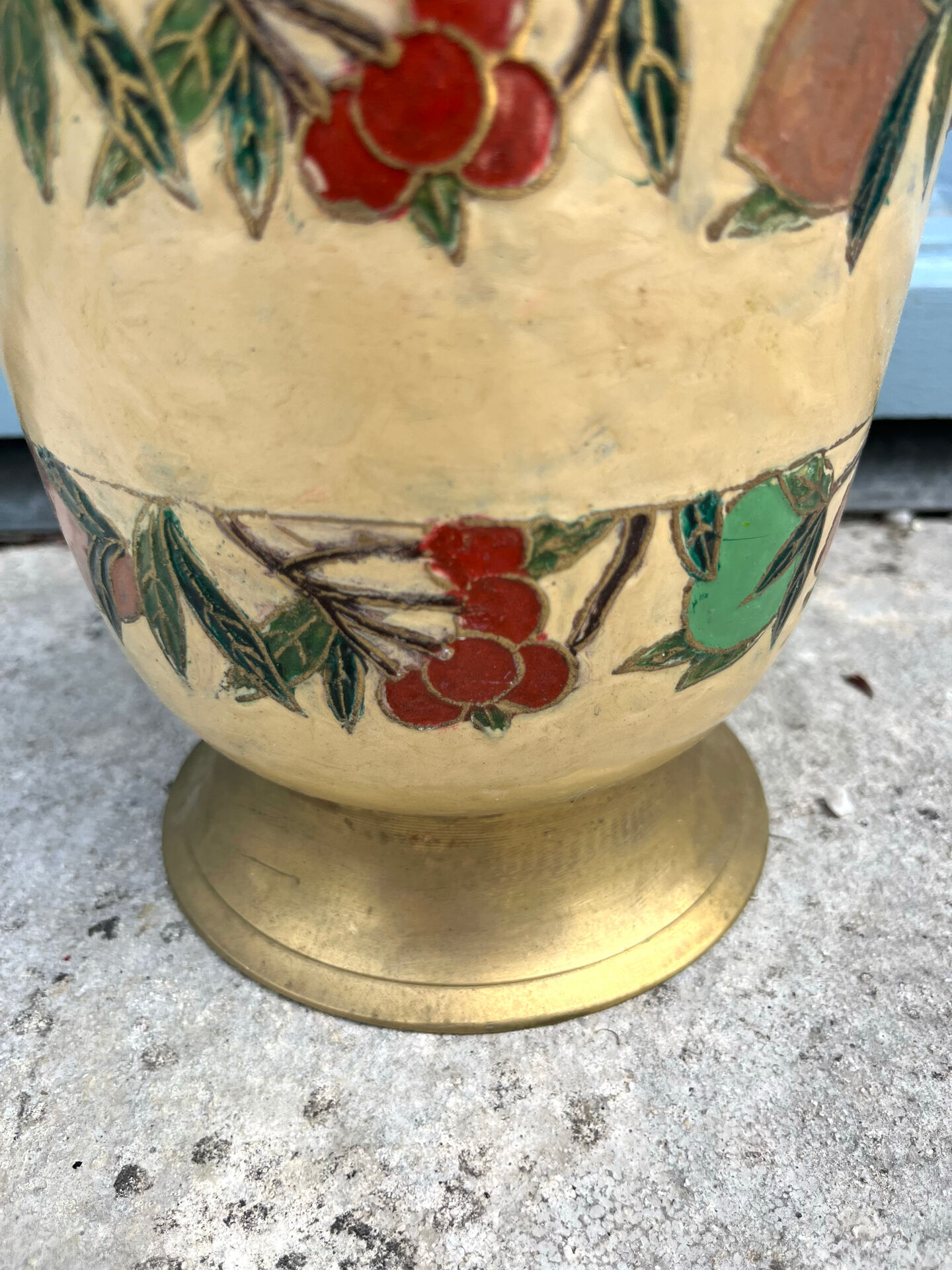 French Brass Cloisonné Style Champagne Bucket with Hand-Painted Fruit