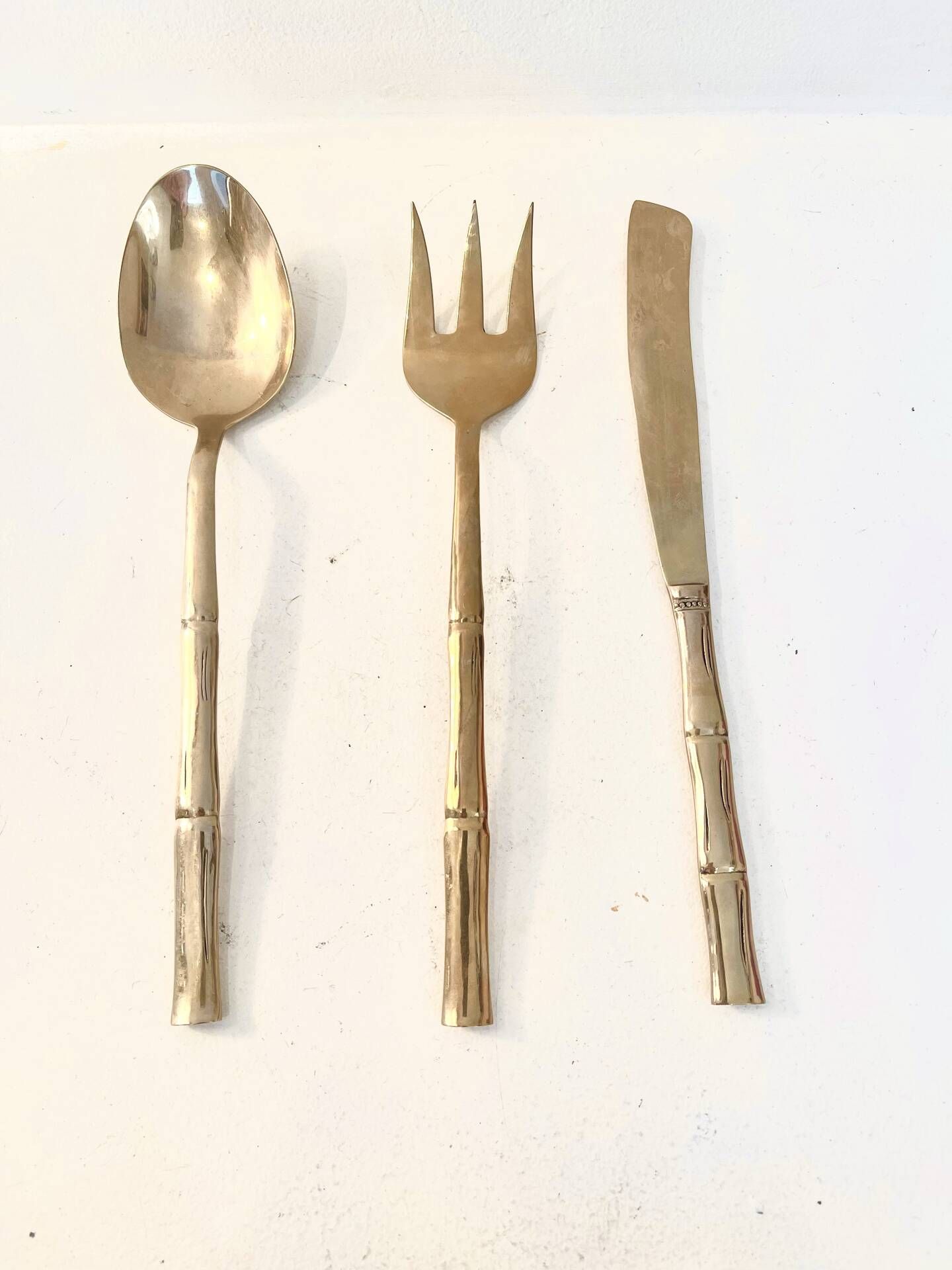 Gold service cutlery trio, bamboo, Hollywood Regency - circa 1