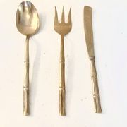 Gold service cutlery trio, bamboo, Hollywood Regency - circa 1