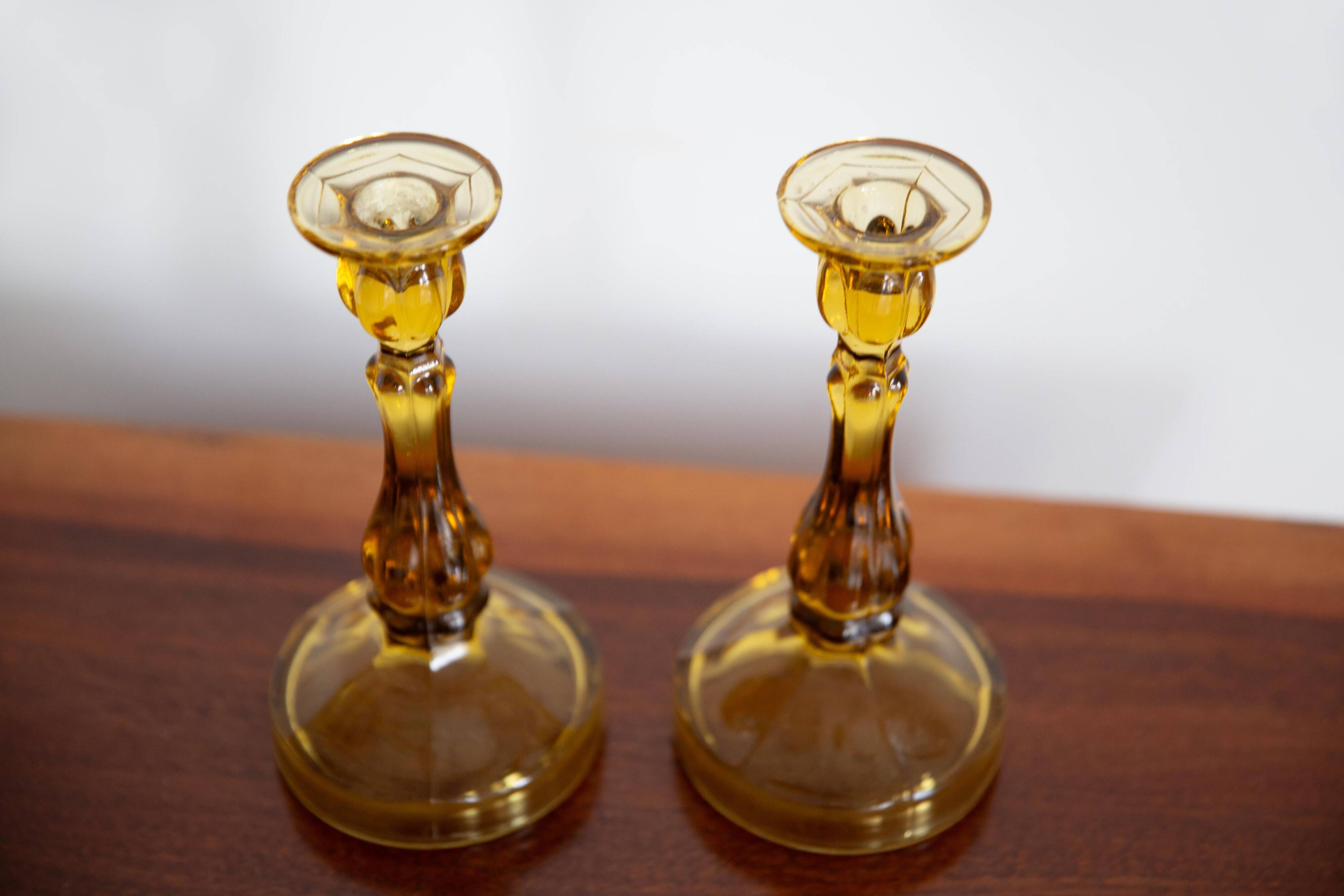 Set of two yellow glass candlesticks, Mid-Century Modern, Europe, 1960s.
