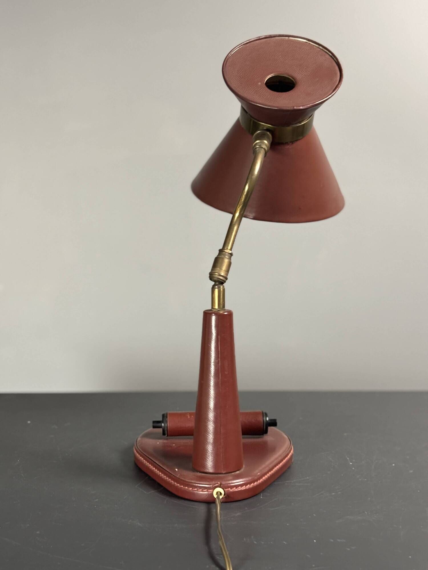 Midcentury leather wrapped French desk lamp style of Jacques Adnet, 1950s