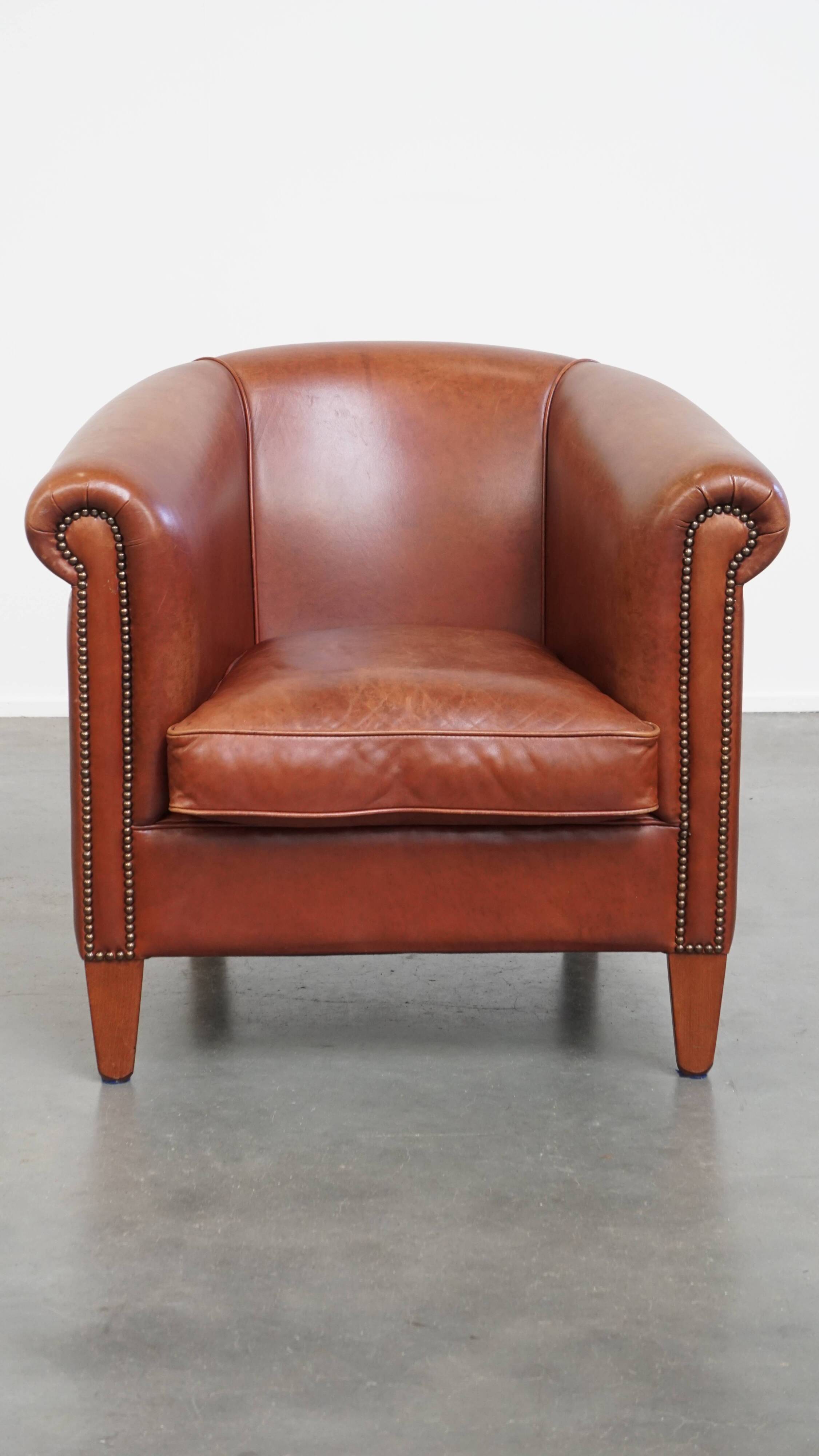 Cowhide Leather Club Armchair in a Cognac Color