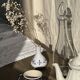 Small vintage white soliflore vase with blue geometric patterns H12