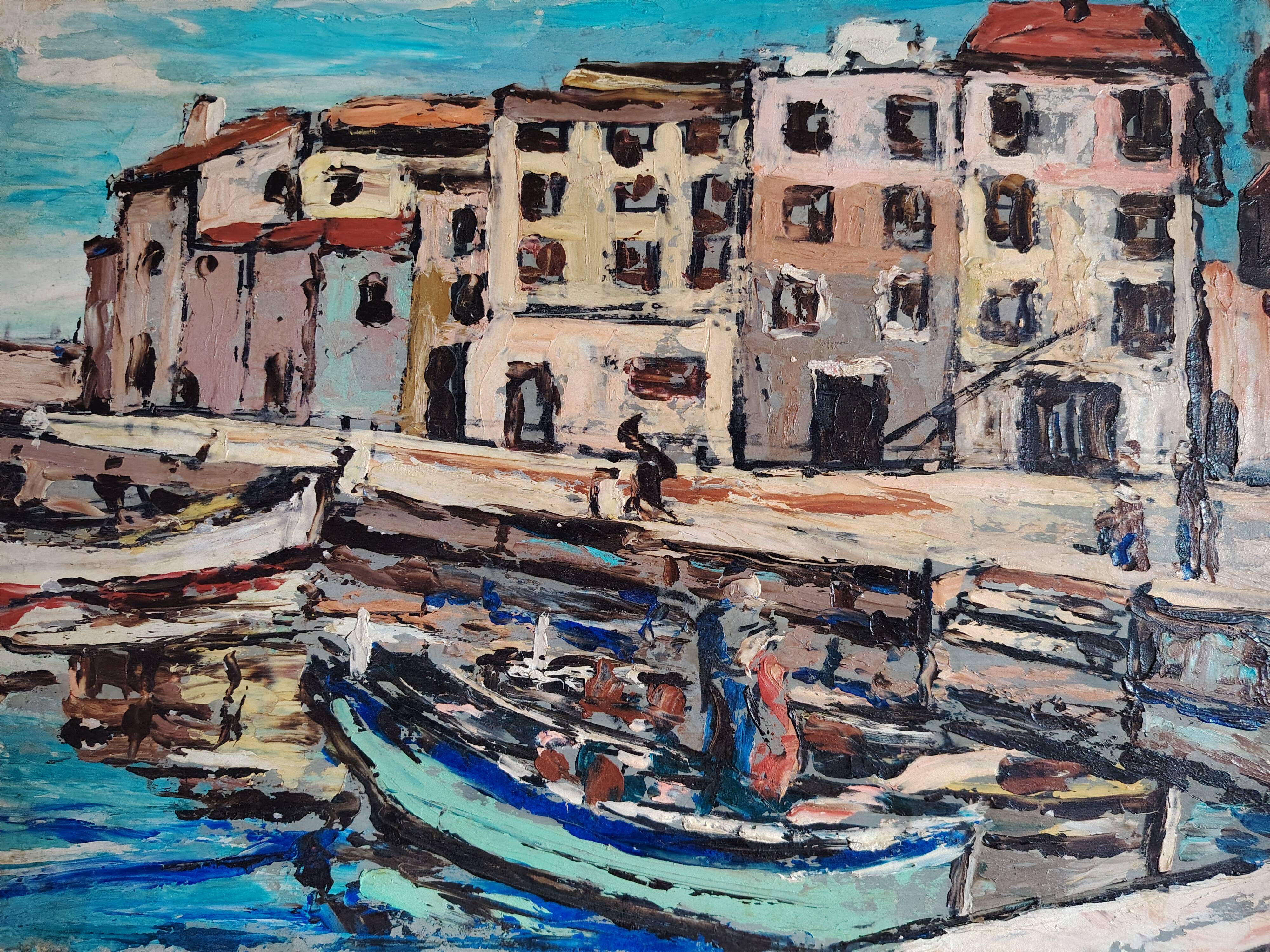 Fishing port painting - oil on wood panel, signed y. macaigne