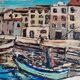 Fishing port painting - oil on wood panel, signed y. macaigne