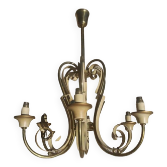 Splendid 6-light chandelier circa 1950, very beautifully made in painted steel and gilded bronze