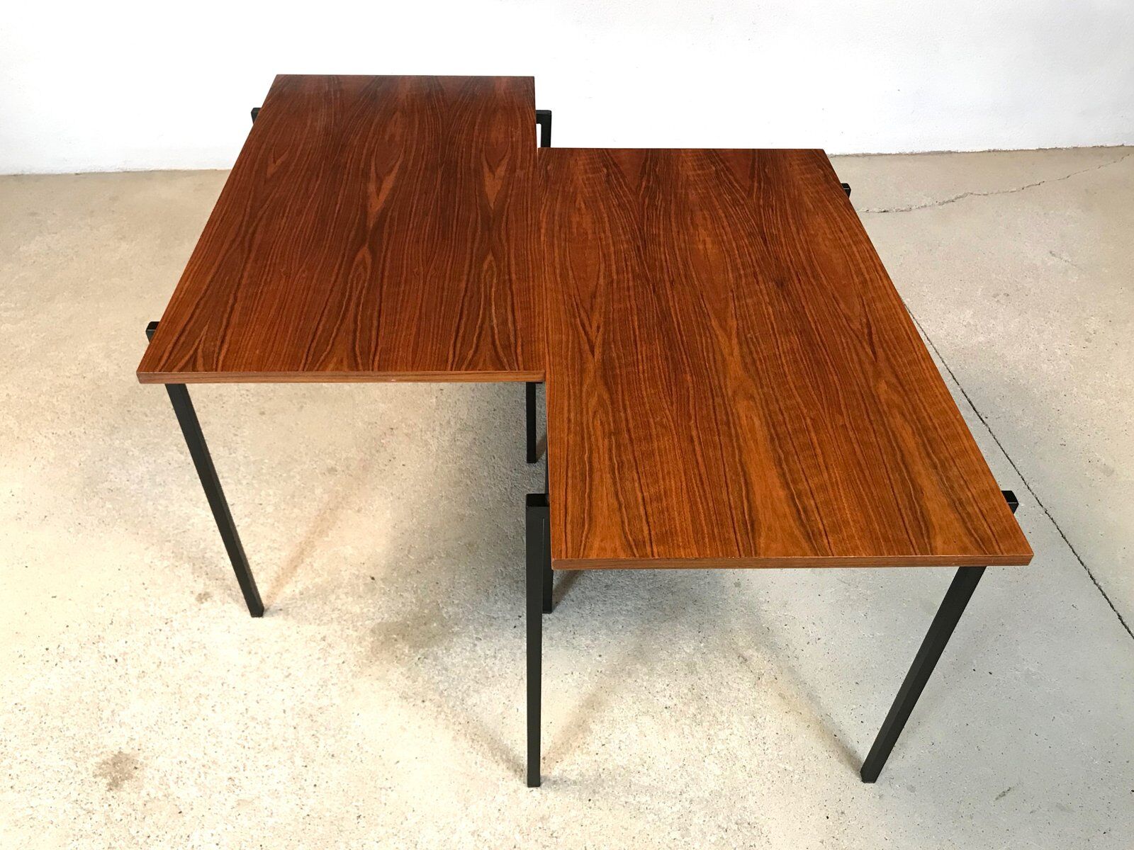 Minimalist walnut & steel stacking side tables, 1960s, Set of 2
