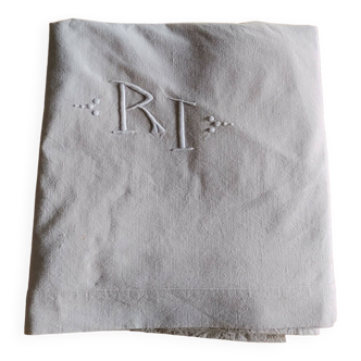 Old linen & ecru cotton sheet - Monogram - 205 x 260 cm - New condition