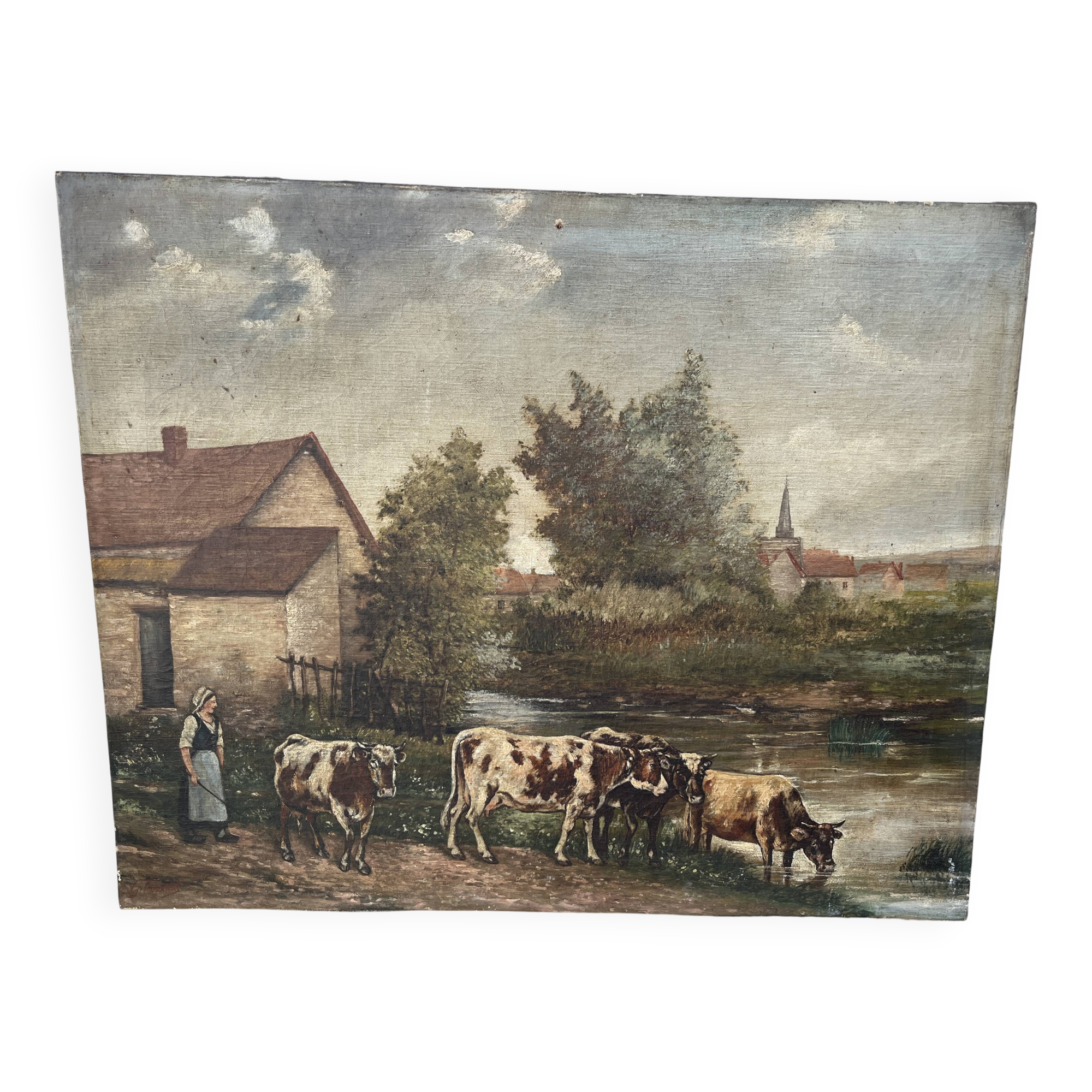 Old painting signed G. Thomas ? Cows at the watering place » (1906)