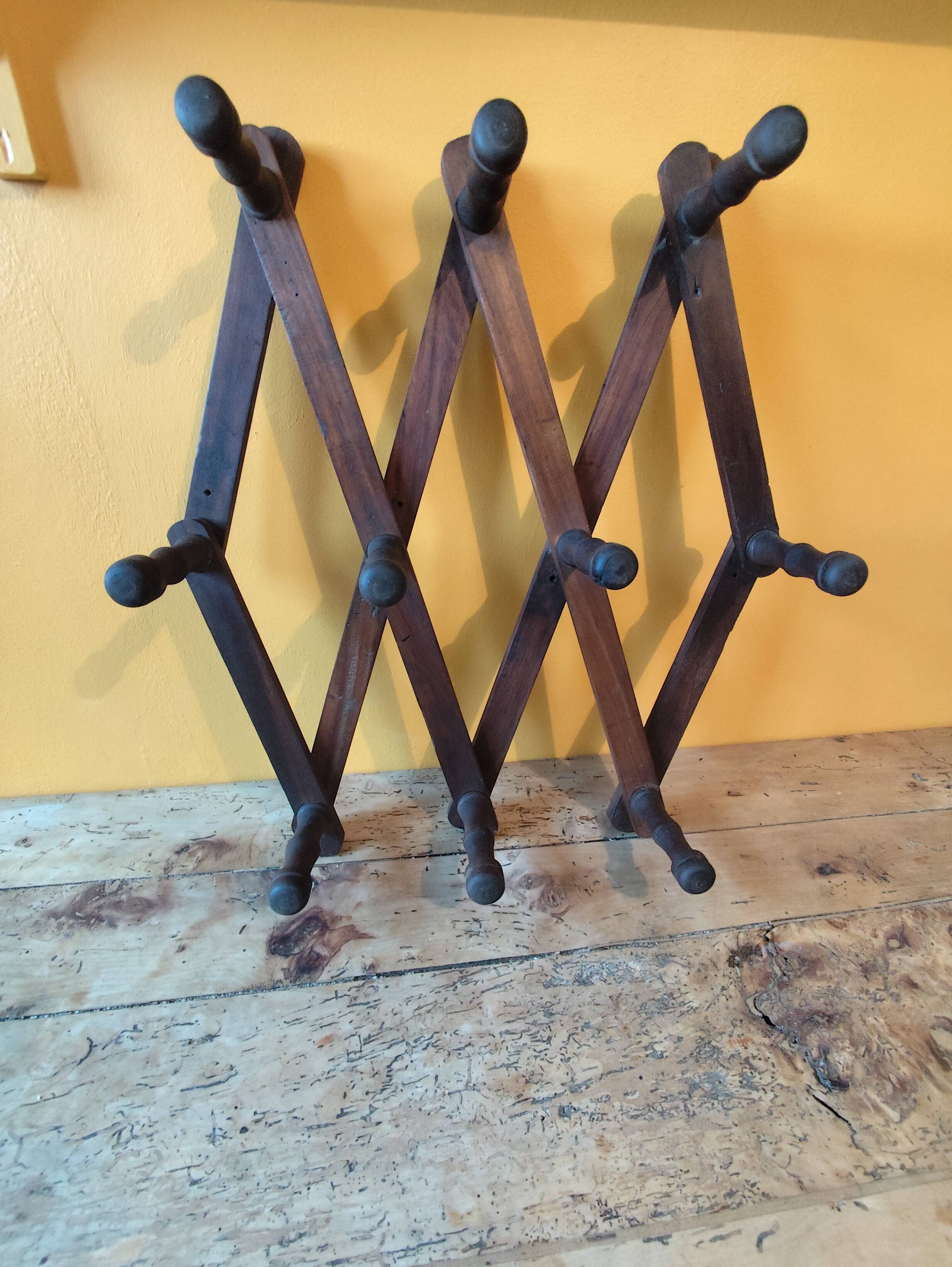 Old telescopic wooden wall coat rack - 10 accordion hook coat rack