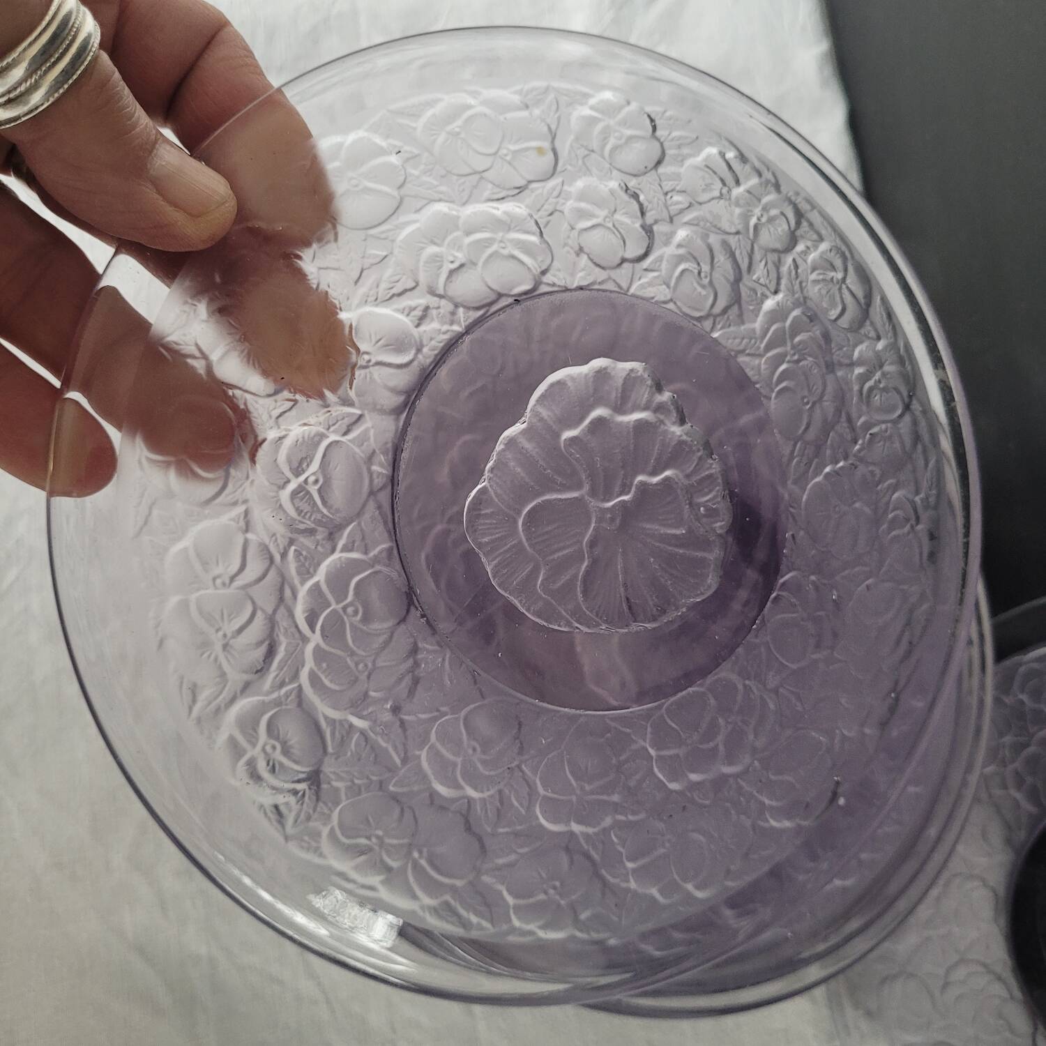 Moulded glass dessert plates – floral pattern – 1930s–1950s