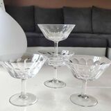 Lot.4. x Cut crystal champagne glasses. Baccarat style. Scale patterns. Multifaceted hexagonal foot