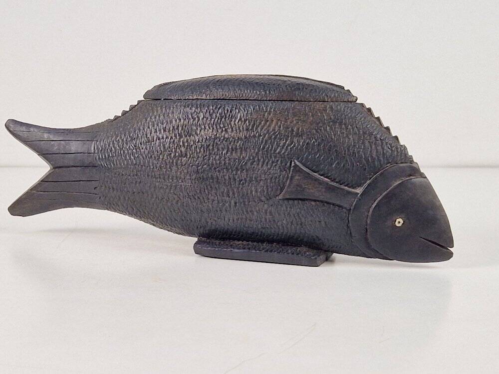 Vintage African Fish Storage Container in Hand-Carved Ebony, 1950s