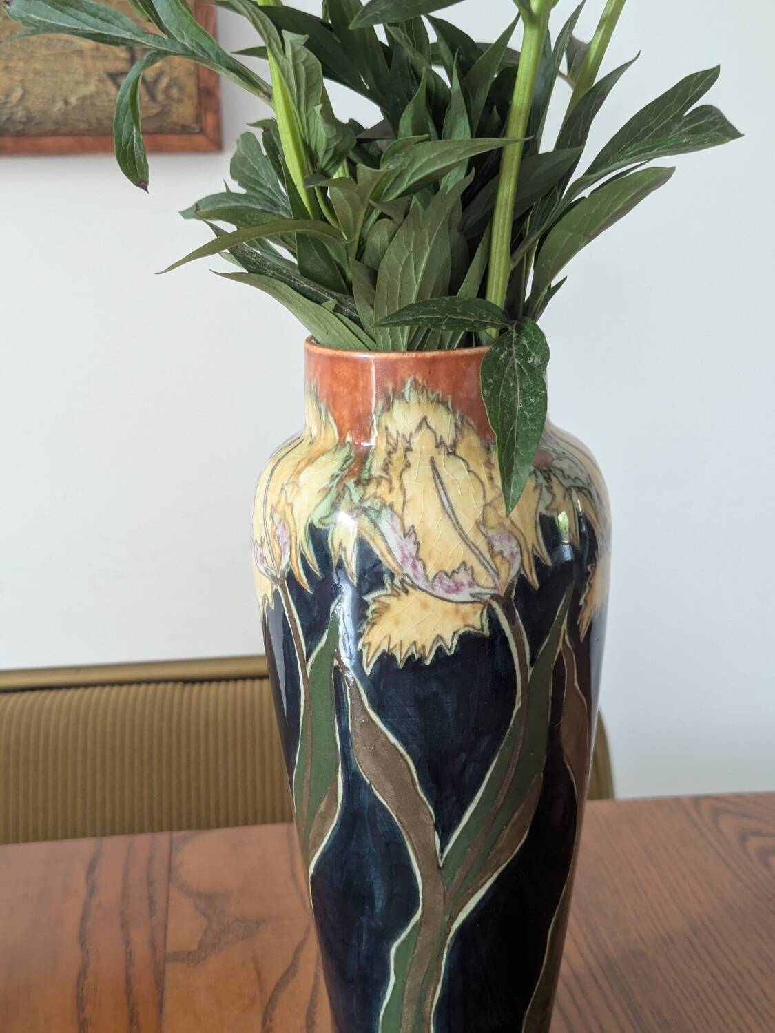 Art Nouveau vase in glazed ceramic, floral decoration, Gouda type, circa