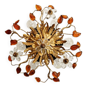 Floral ceiling light in gilded metal and crystal, Banci Firenze (Italy), 1970.
