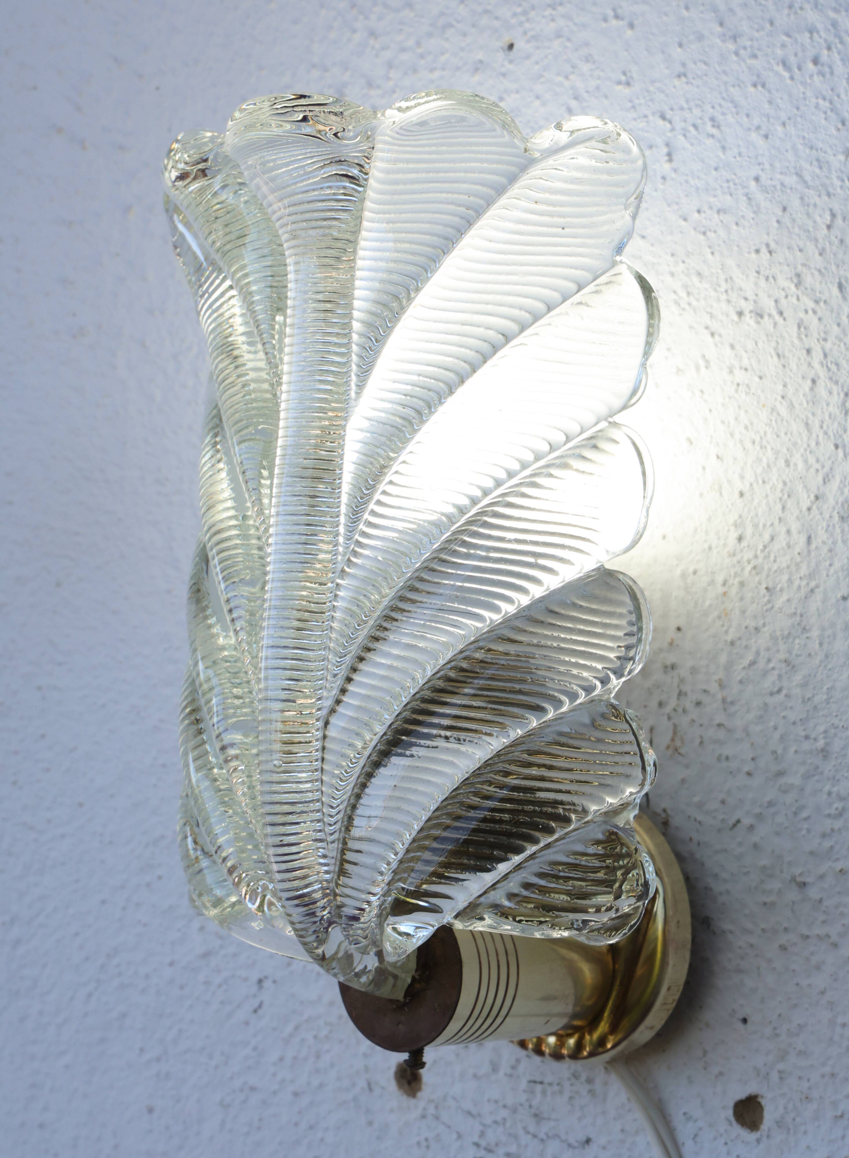 Art Decò Wall light Trasparent Murano Glass Leave by Barovier e Toso, 1950s