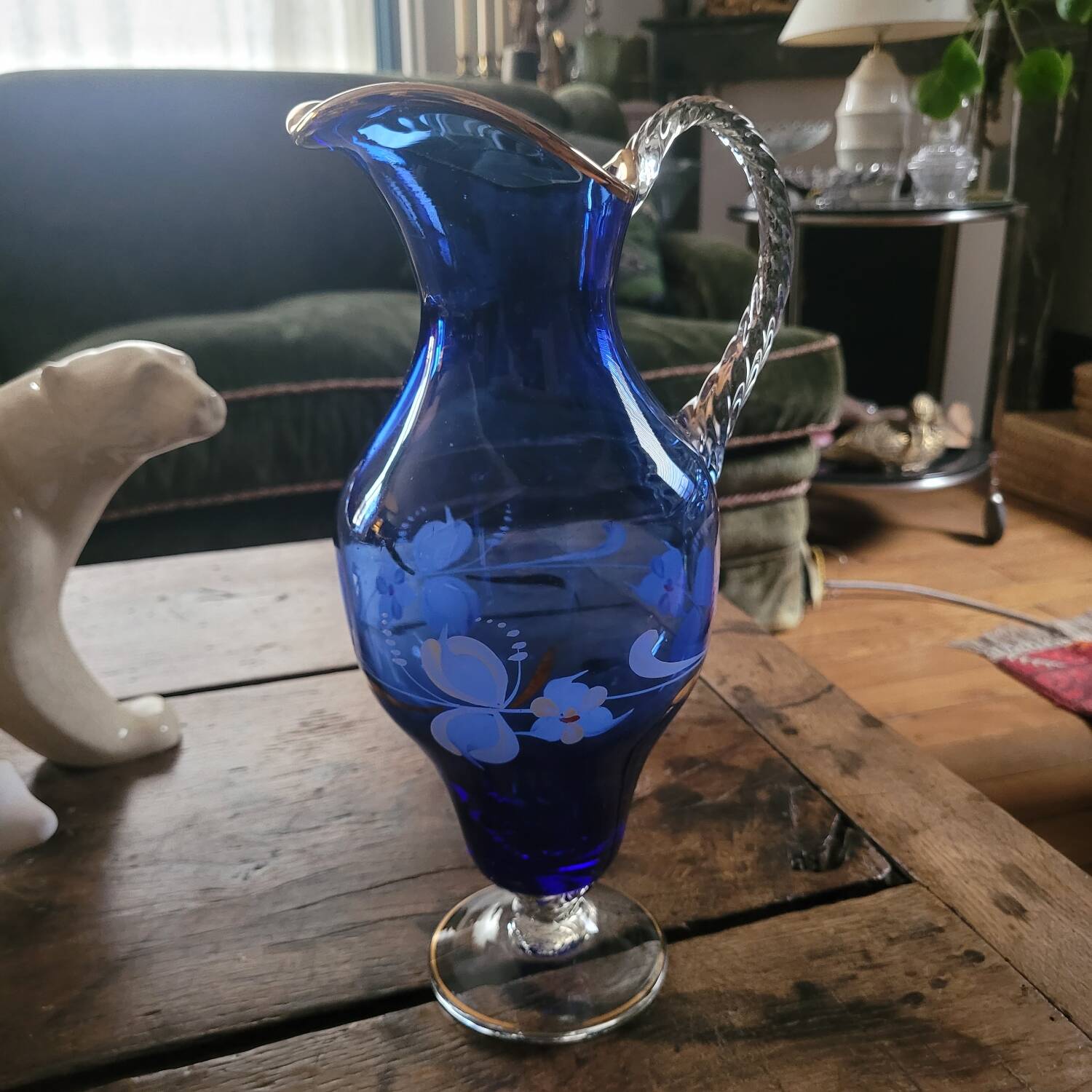 Hand-painted cobalt blue glass carafe – Bohemia – 1950s-1970s