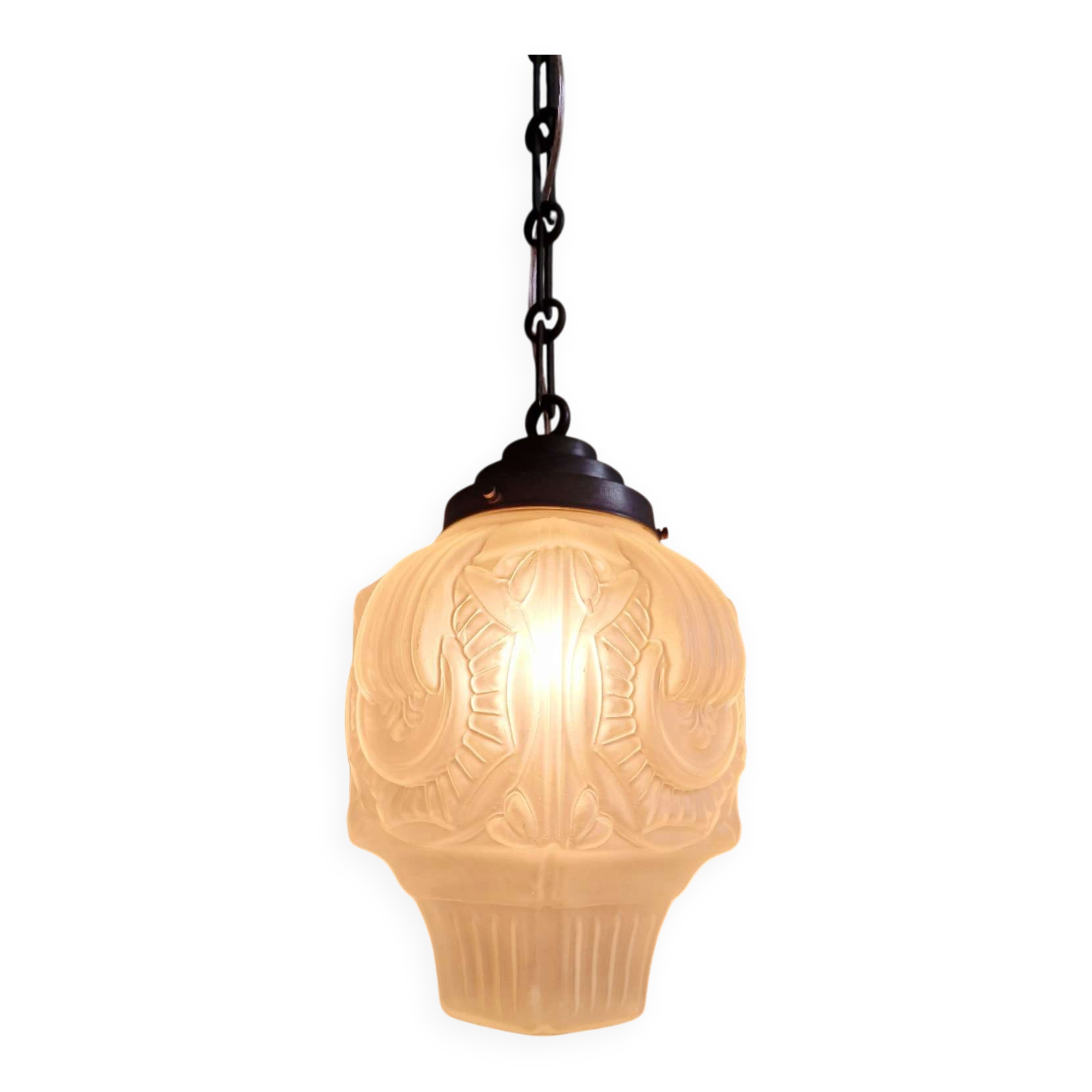 Art Deco suspension in frosted pressed moulded glass, 1920s-30s.