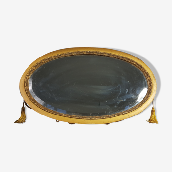 Ancien miroir ovale biseauté avec cordon et pompoms , 60 x 36 cm